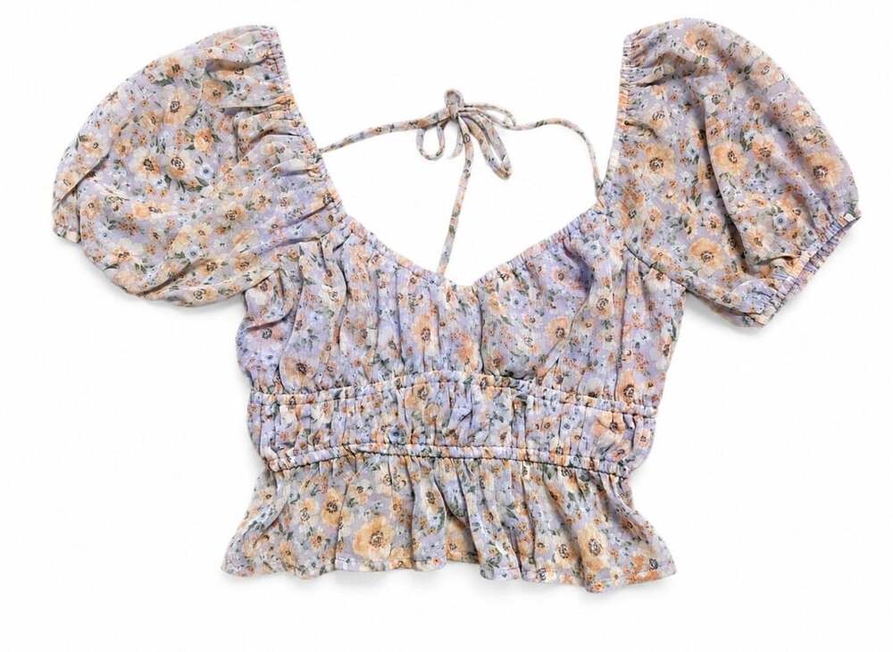 Altar'd State Floral Short Sleeve Smocked Crop Top Size XS
